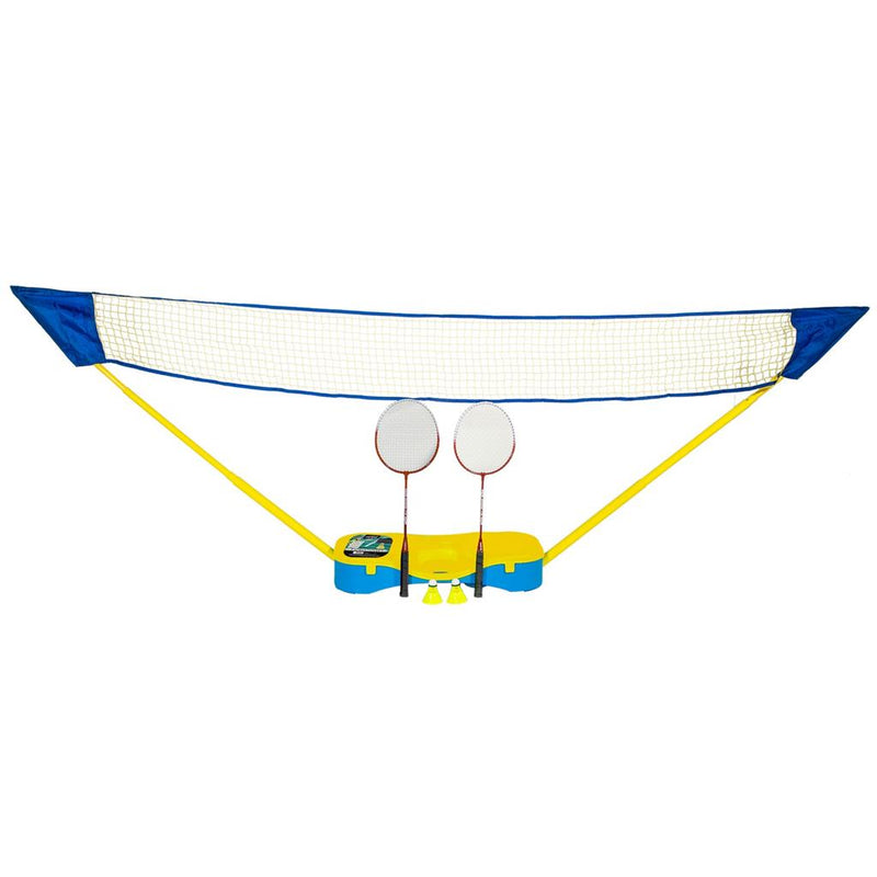 Volledig gemonteerde badmintonset met net en accessoires, frontaal zicht