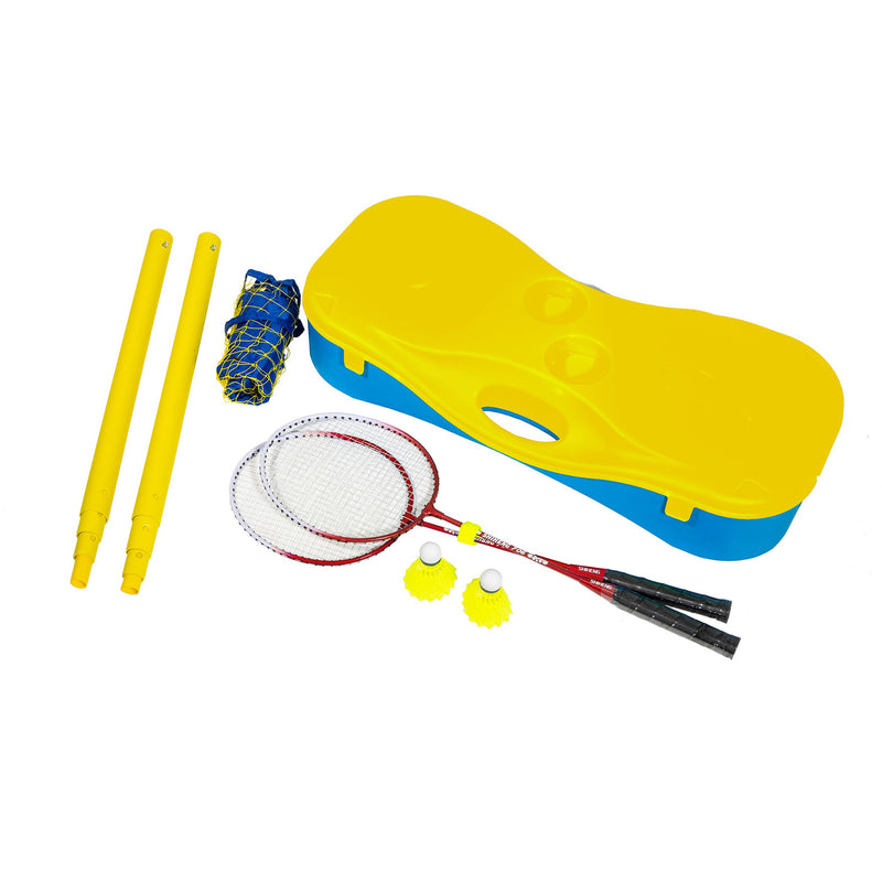 Alle onderdelen van de badmintonset inclusief rackets, shuttles en net
