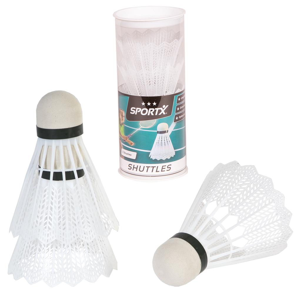 Set van 3 witte nylon badmintonshuttles in plastic koker