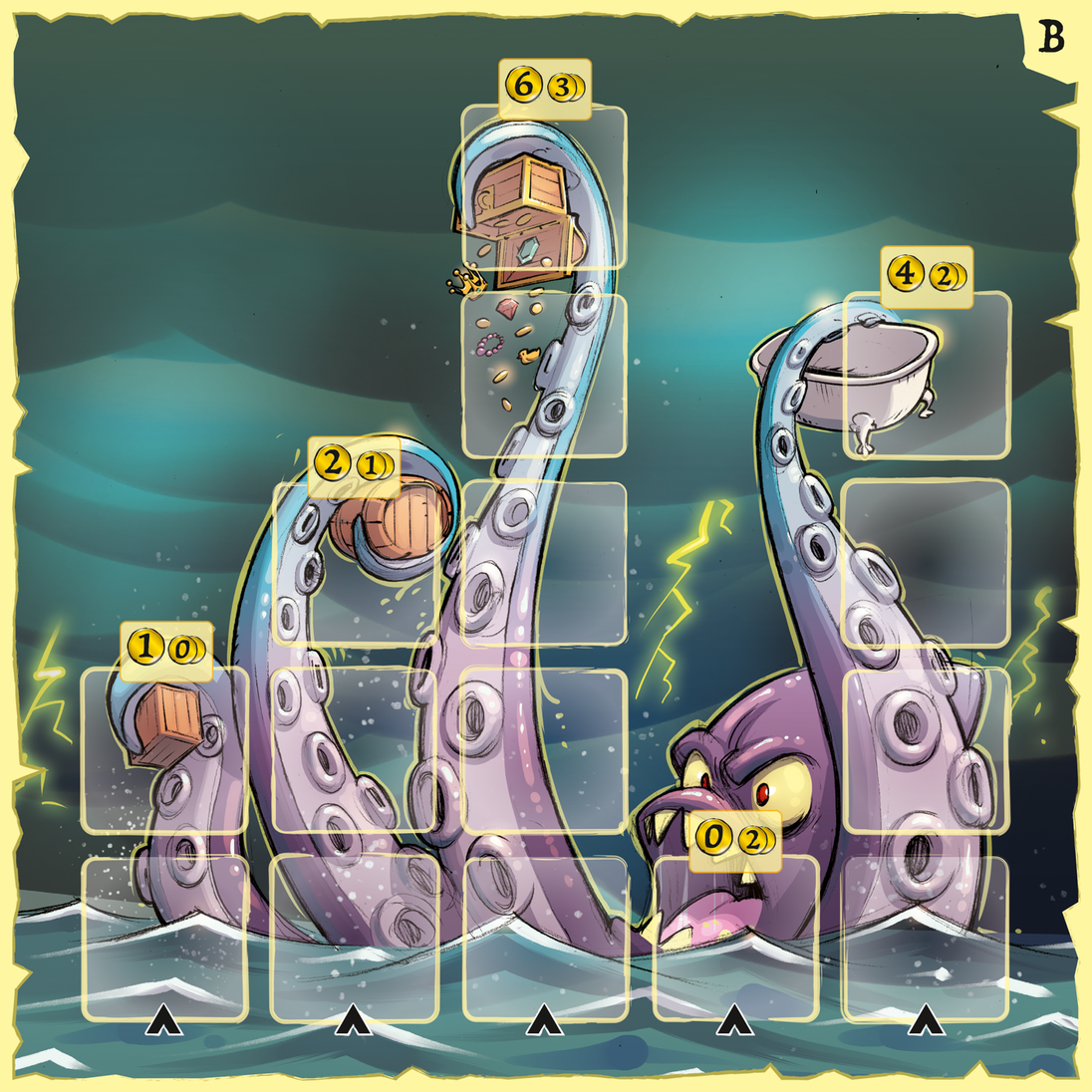 Speelbord met reuzenoctopus in stormweer uit Captain Flip