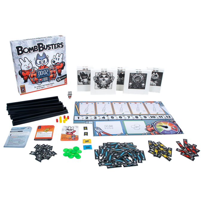 Open Bomb Busters spelopstelling met tegels en kaarten
