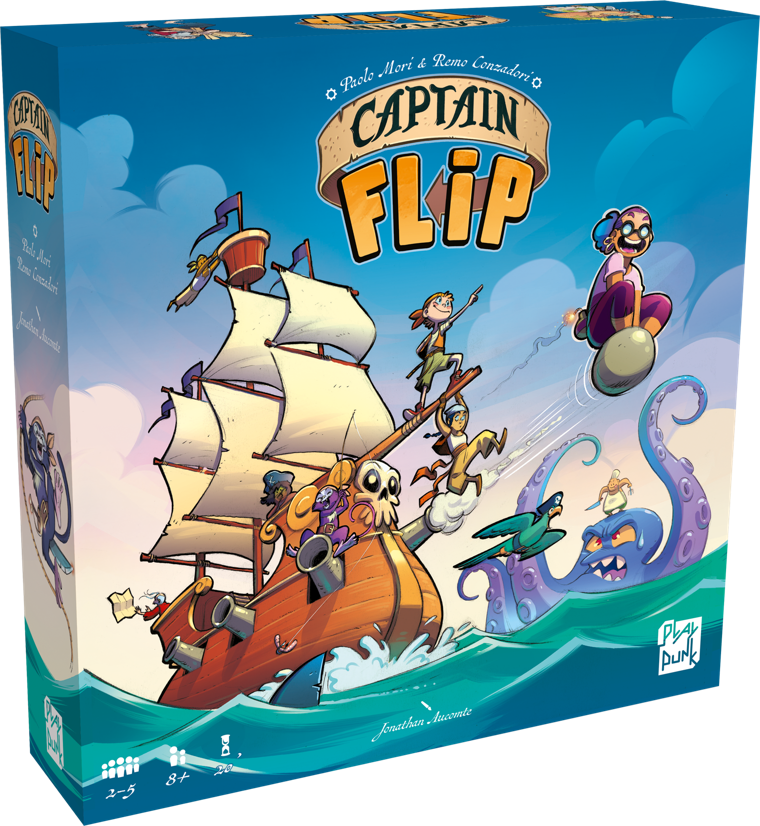 Voorkant van de gesloten doos van Captain Flip