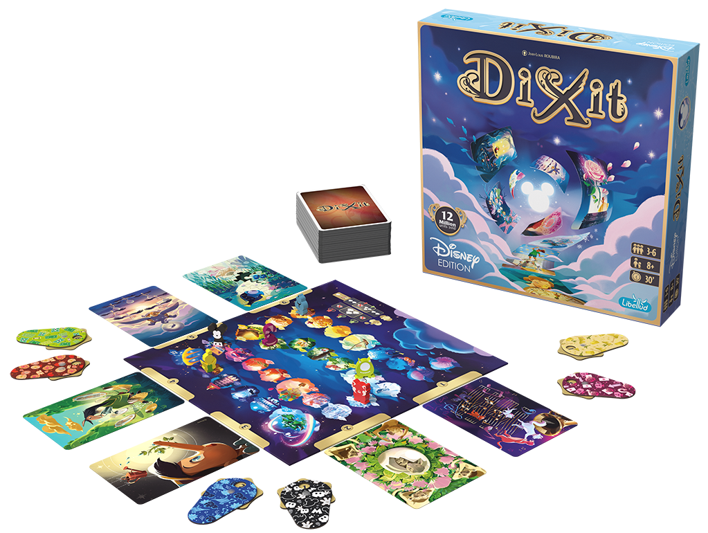 Dixit Disney Edition spelonderdelen uitgestald met gesloten doos achteraan