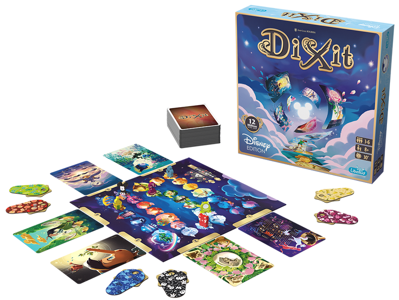 Dixit Disney Edition spelonderdelen uitgestald met gesloten doos achteraan