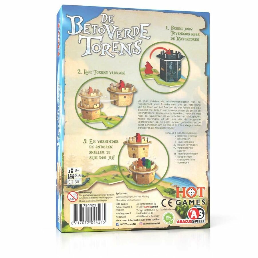 Achterzijde van de gesloten doos van het bordspel De Betoverde Torens