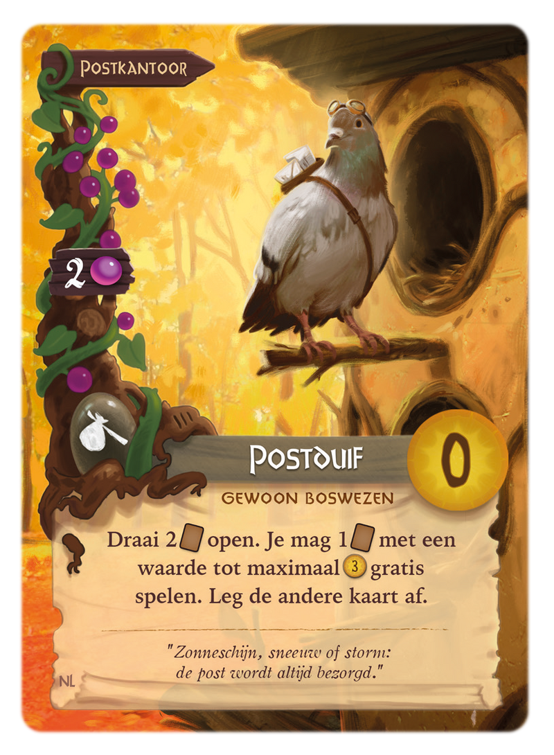 Close-up van karakterkaart met een postduif in Everdell