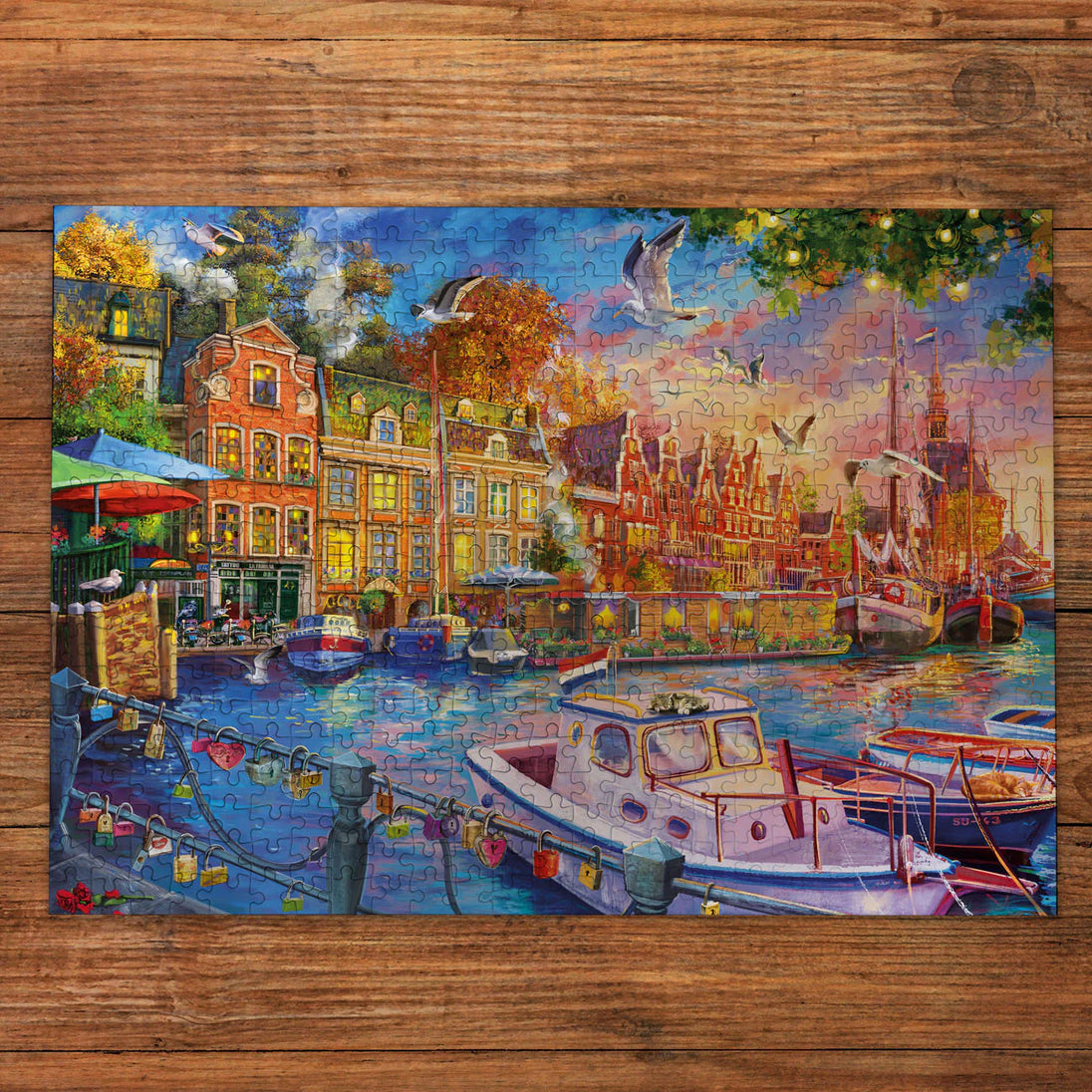 Harbour Reflections - Puzzel 500 stukjes - Gibsons G3174, gelegde puzzel op tafel