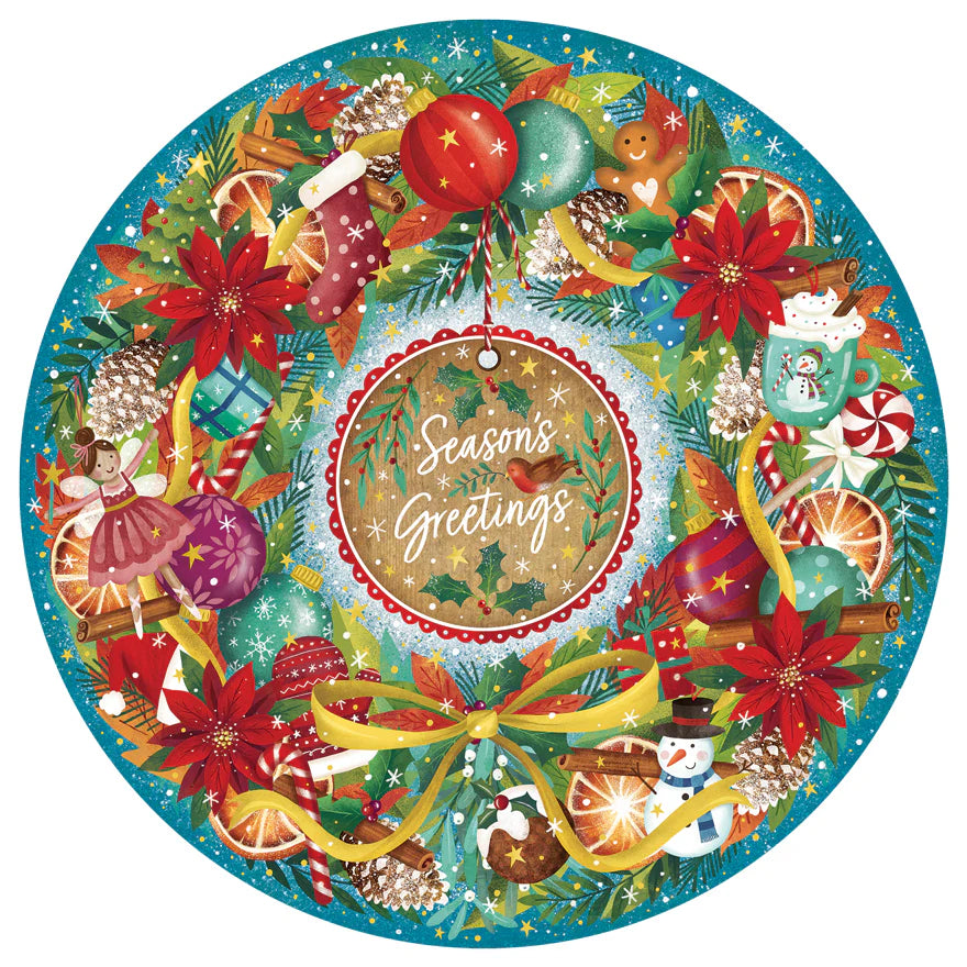 Voltooide Season's Greetings puzzel – cirkelvormige kerstkrans met kleurrijke details