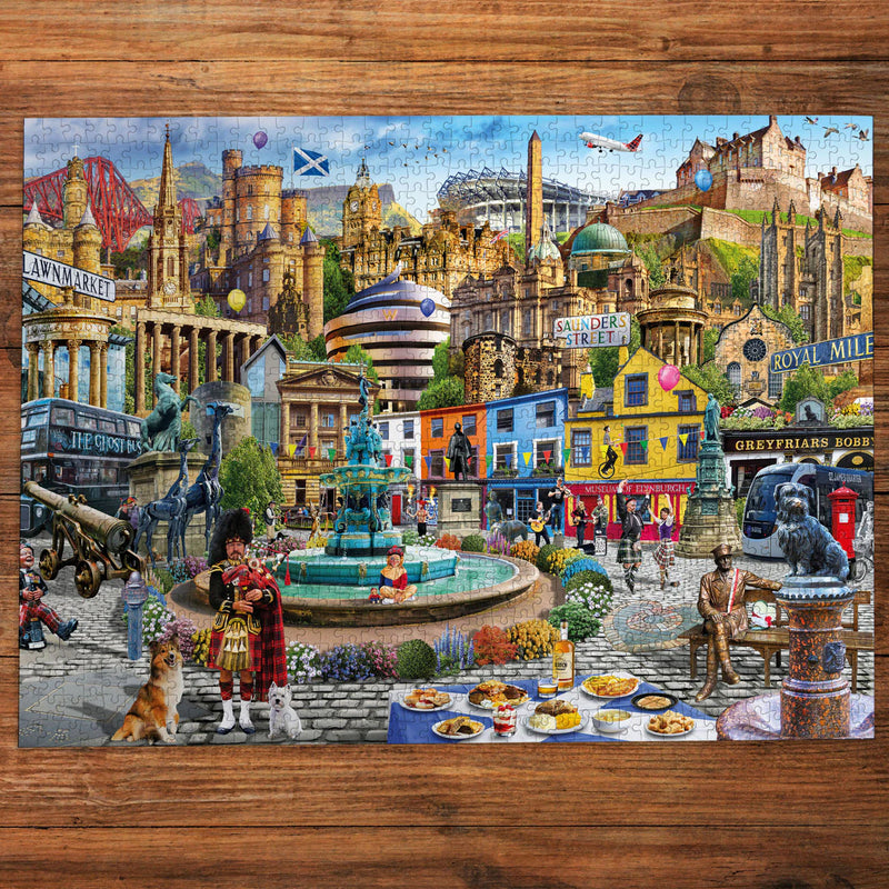 A Day Out in Edinburgh - Puzzel 1000 stukjes - Gibsons G6461, gelegde puzzel op tafel
