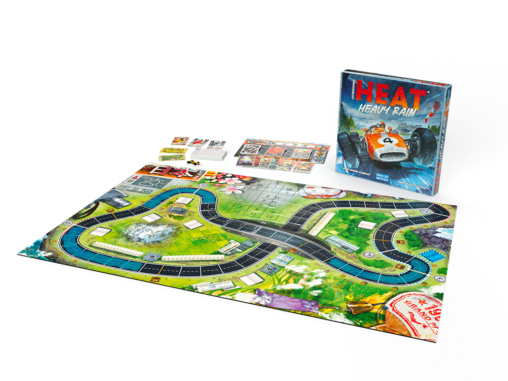 Speelstukken van HEAT Heavy Rain uitbreiding uitgespreid met doos op de achtergrond