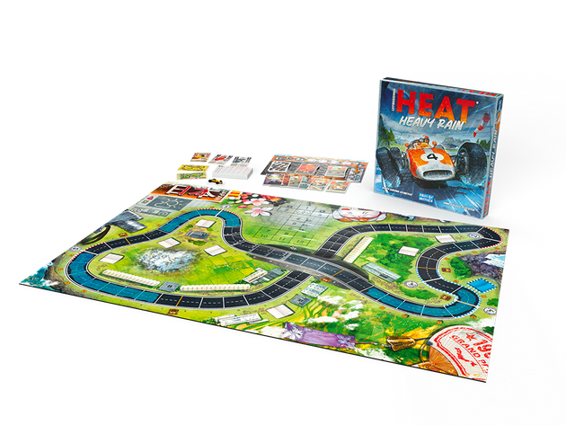 Speelstukken van HEAT Heavy Rain uitbreiding uitgespreid met doos op de achtergrond