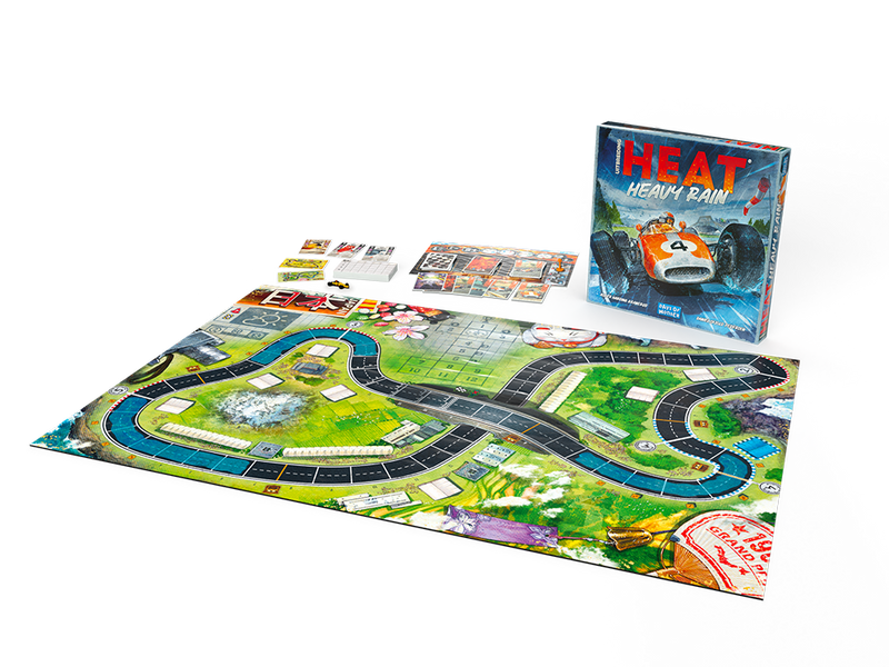 Speelstukken van HEAT Heavy Rain uitbreiding uitgespreid met doos op de achtergrond