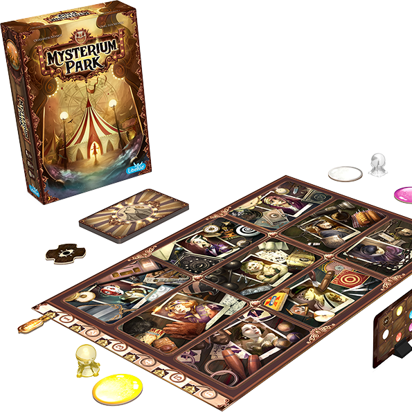 Overzicht van Mysterium Park met doos en spelonderdelen
