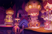 Illustratie van pretpark in roze tinten uit Mysterium Park