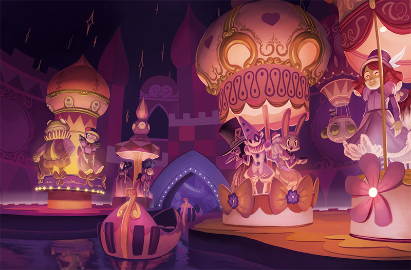 Illustratie van pretpark in roze tinten uit Mysterium Park