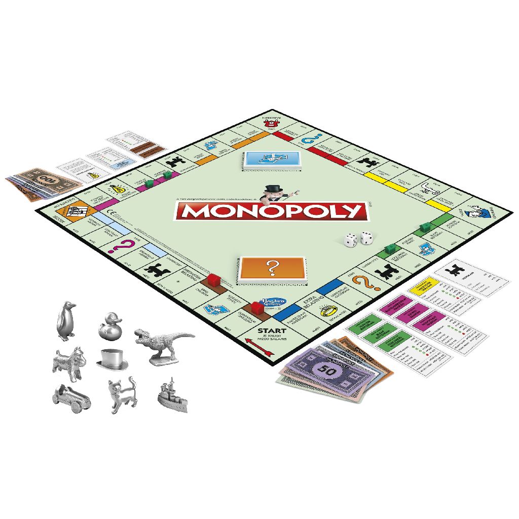 Speelmateriaal en opstelling van Monopoly uitgestald