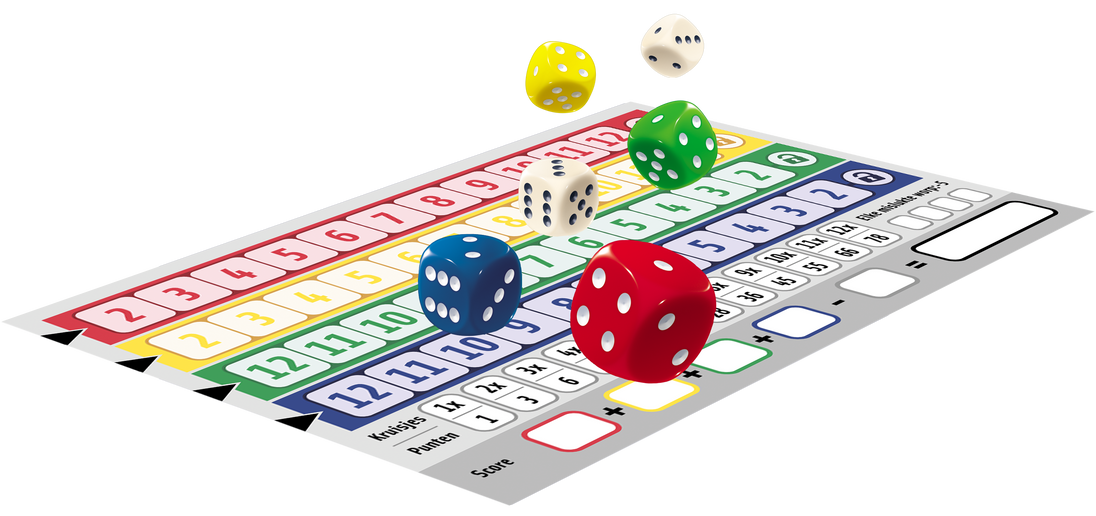 Qwixx - dobbelspel, scoreblok en dobbelstenen