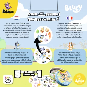 Dobble Bluey - kaartspel van Zygomatic, doos achterkant