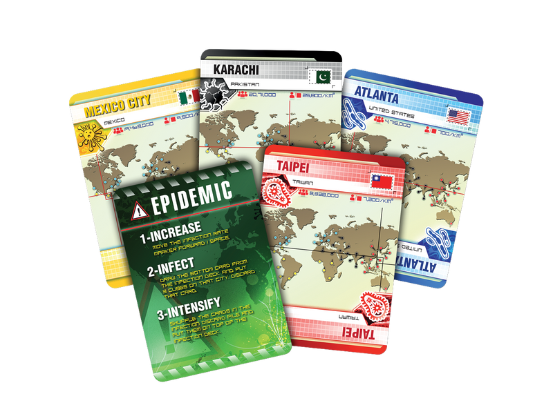 Close-up van spelkaarten met stadsnamen uit Pandemic