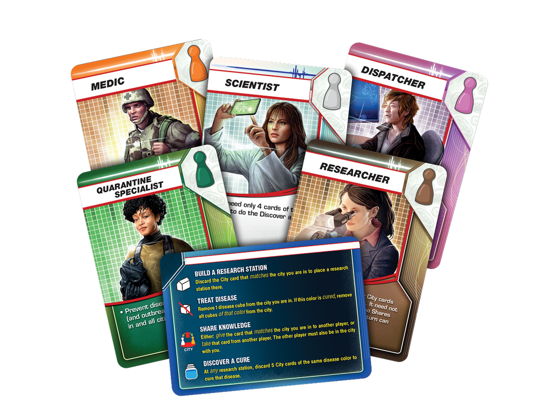 Close-up van karakterrollenkaarten uit Pandemic