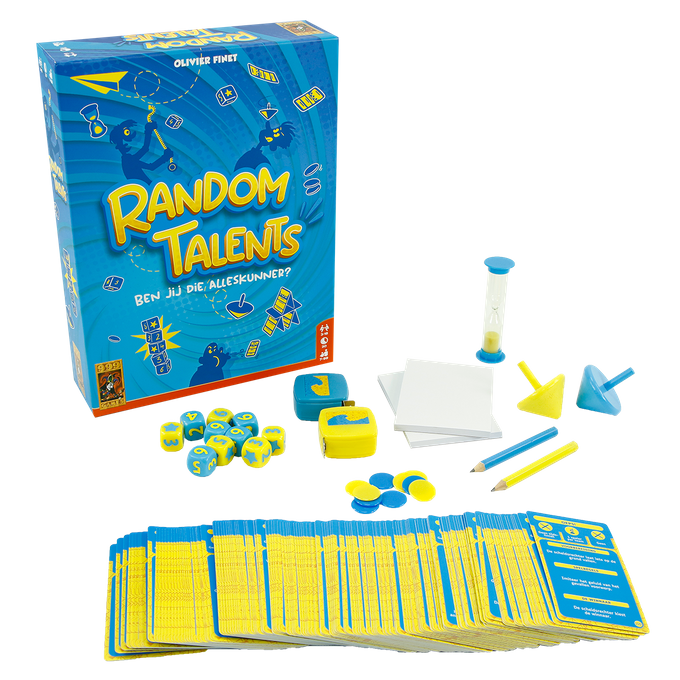 RANDOM TALENTS - Partyspel van 999 Games, doos en componenten