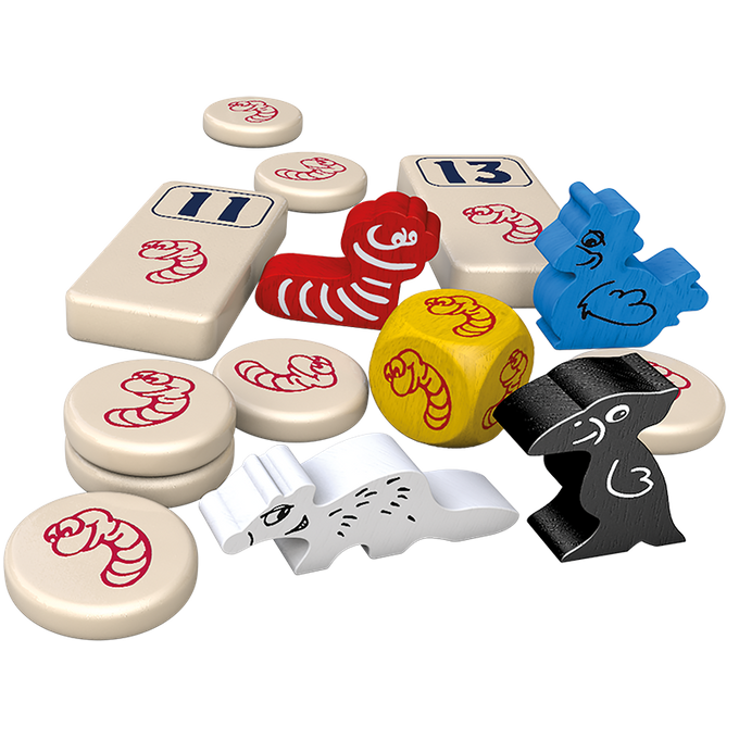 Game components of Regenwormen Expansion with tiles, tokens, and dice