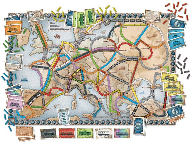 Ticket to Ride Europe spelonderdelen uitgestald topview