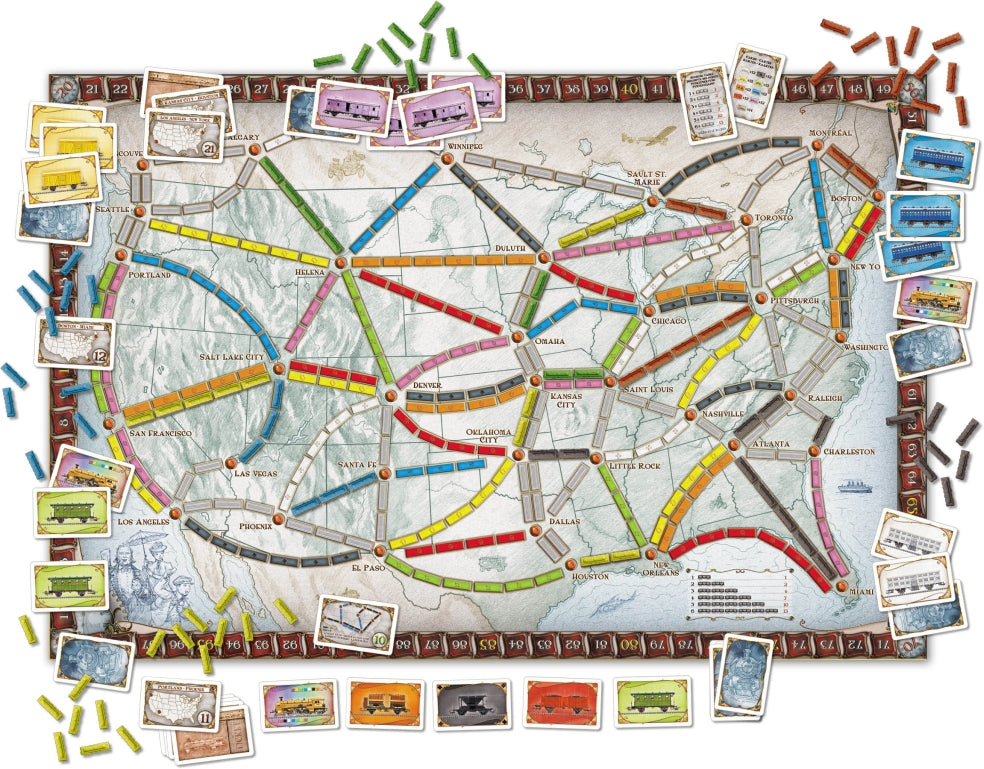 Ticket to Ride USA spelonderdelen uitgestald topview