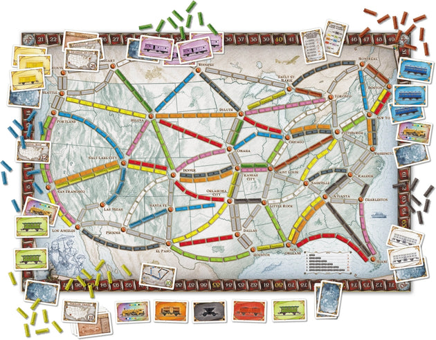 Ticket to Ride USA spelonderdelen uitgestald topview