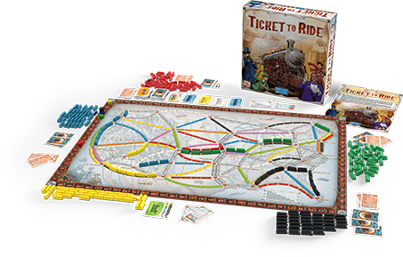 Ticket to Ride USA spelonderdelen uitgestald met gesloten doos achteraan
