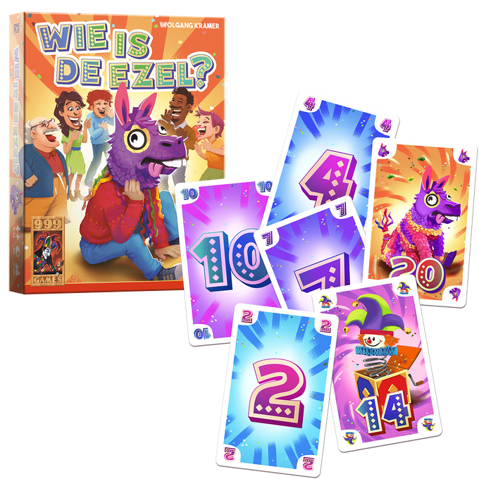 WIE IS DE EZEL? - Kaartspel van 999 Games, doos en kaarten