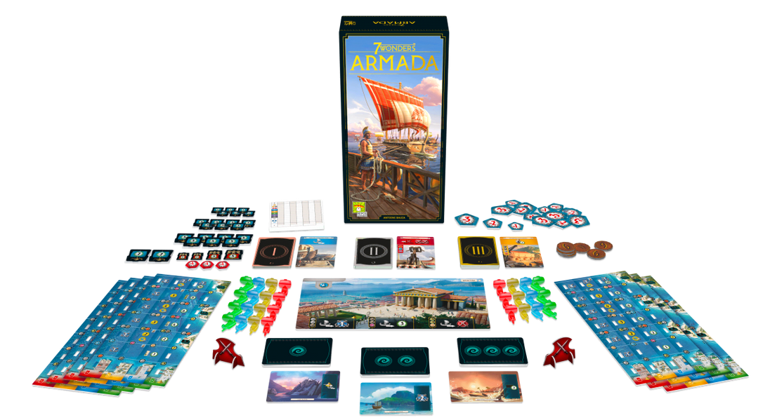 Uitgestalde kaarten en doos van 7 Wonders Armada uitbreiding