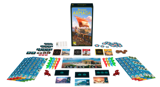 Uitgestalde kaarten en doos van 7 Wonders Armada uitbreiding