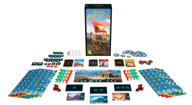 Uitgestalde kaarten en doos van 7 Wonders Armada uitbreiding
