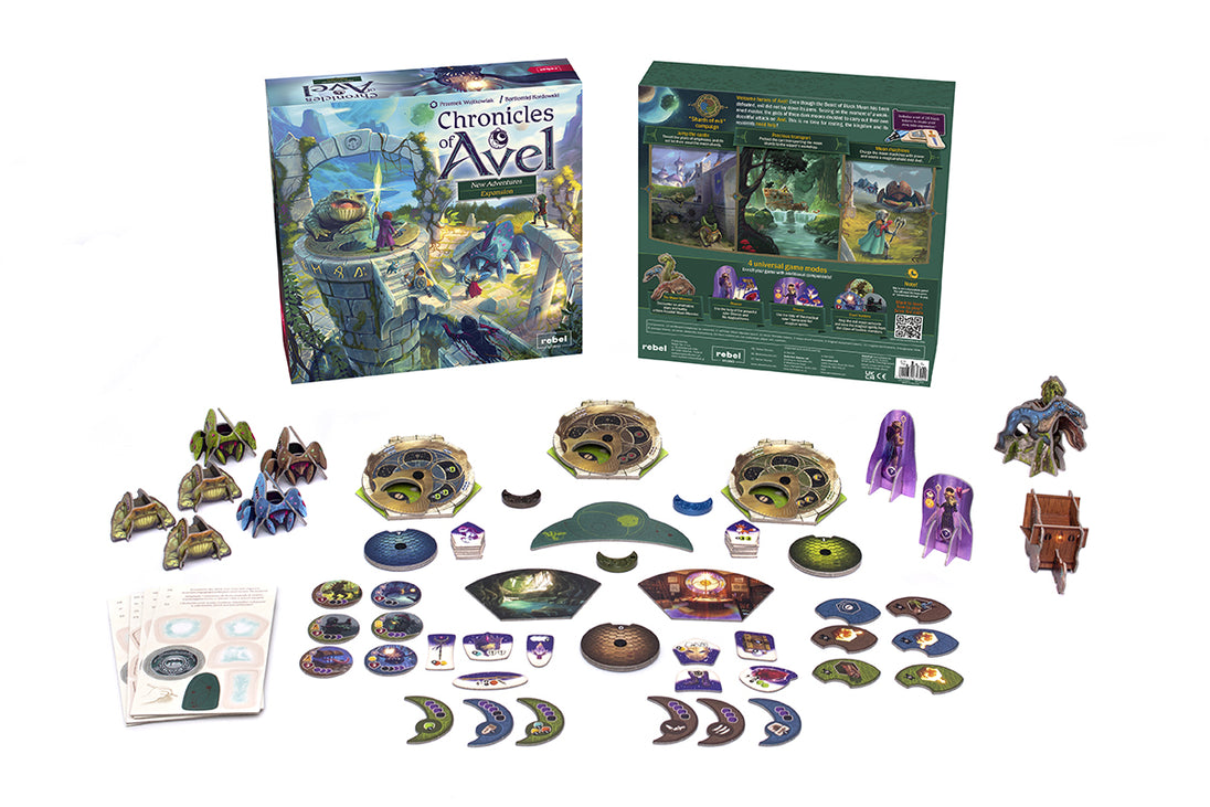Spelonderdelen met open doos van Chronicles of Avel: New Adventures, voorkant en achterkant zichtbaar