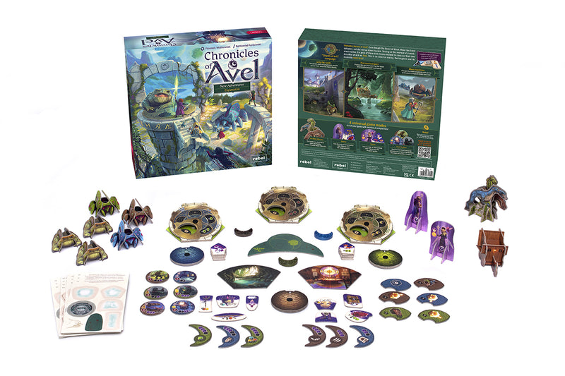 Spelonderdelen met open doos van Chronicles of Avel: New Adventures, voorkant en achterkant zichtbaar