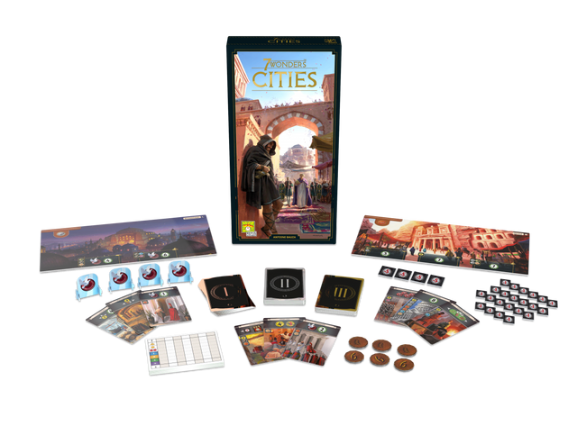 Uitgestalde kaarten en doos van 7 Wonders Cities V2 uitbreiding