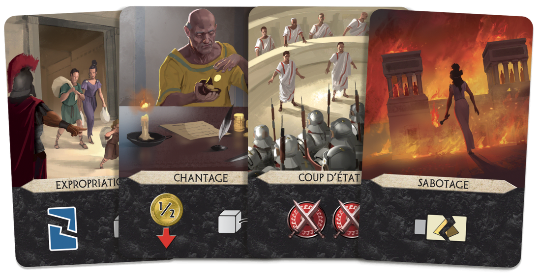 Actiekaarten uit de 7 Wonders Duel Agora uitbreiding