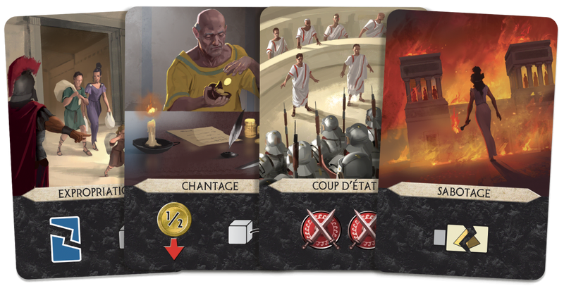 Actiekaarten uit de 7 Wonders Duel Agora uitbreiding
