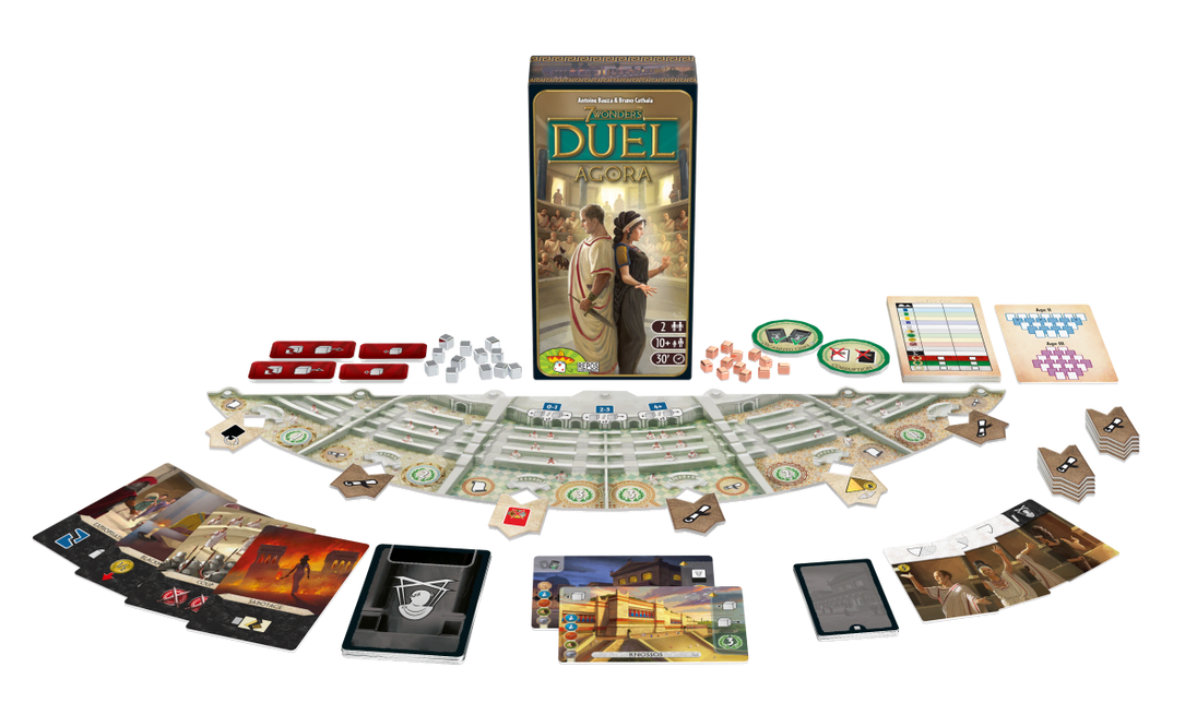 Doos en alle spelcomponenten van 7 Wonders Duel Agora uitgestald