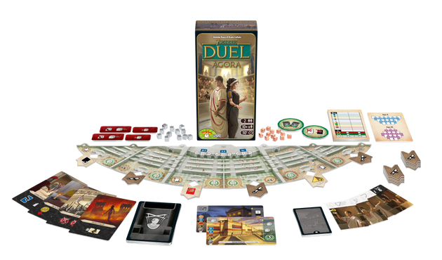 Doos en alle spelcomponenten van 7 Wonders Duel Agora uitgestald