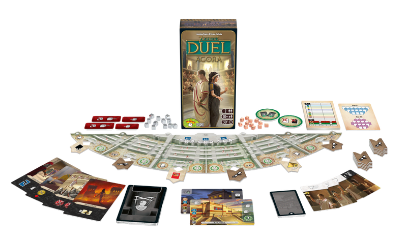 Doos en alle spelcomponenten van 7 Wonders Duel Agora uitgestald