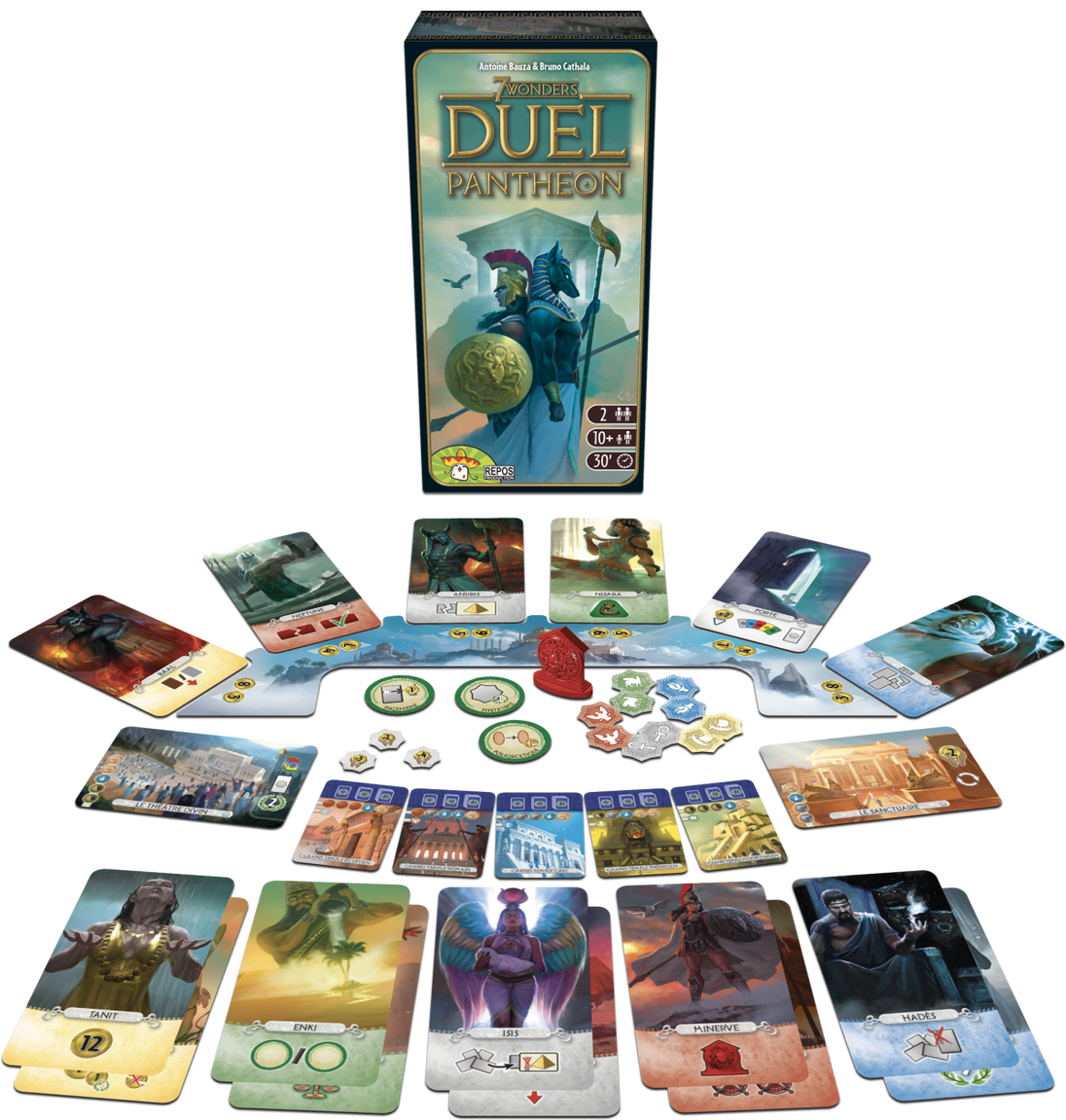 Uitgestalde kaarten en doos van 7 Wonders Duel Pantheon