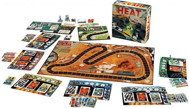Speelstukken van Heat uitgespreid met doos op de achtergrond