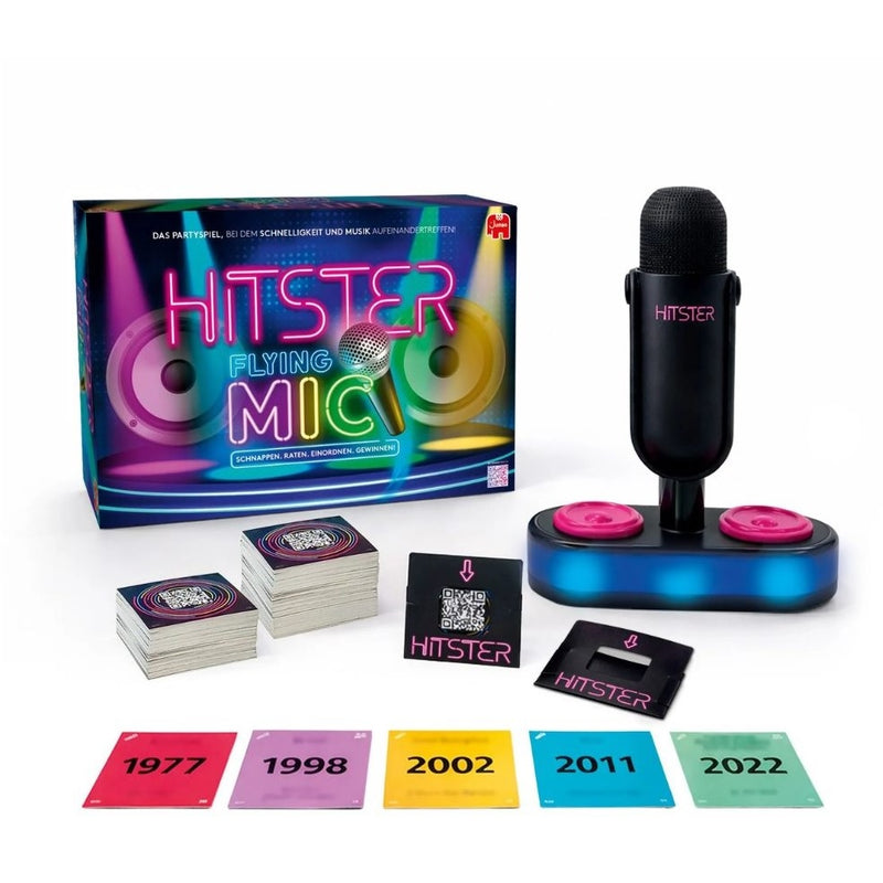 Hitster Flying Mic - muziekspel van Jumbo, doos en alle onderdelen van het spel