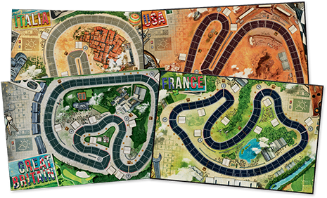 Vier verschillende spelborden met racecircuits uit het bordspel Heat