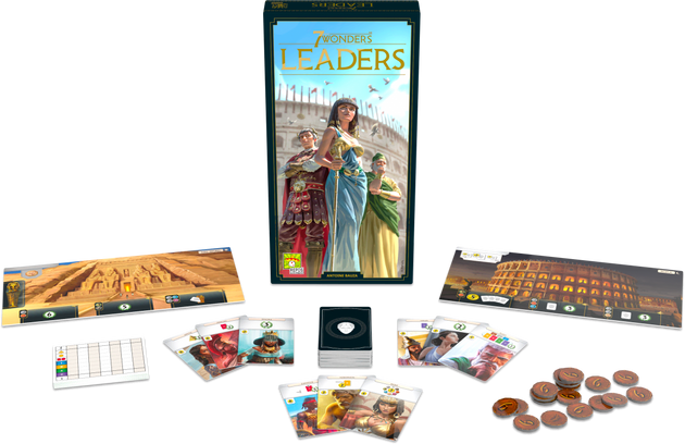 Uitgestalde kaarten en doos van 7 Wonders Leaders uitbreiding