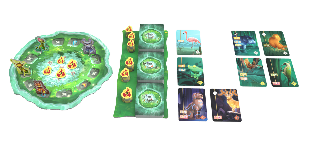 Kaarten, vuurfiche en centraal spelbord van Living Forest