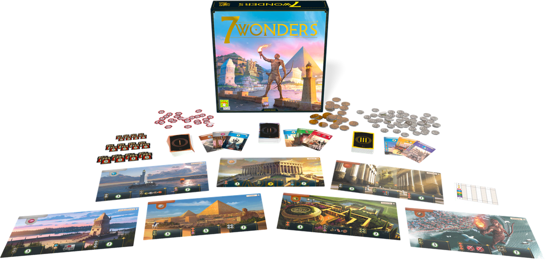 Kaarten en doos van 7 Wonders bordspel uitgestald