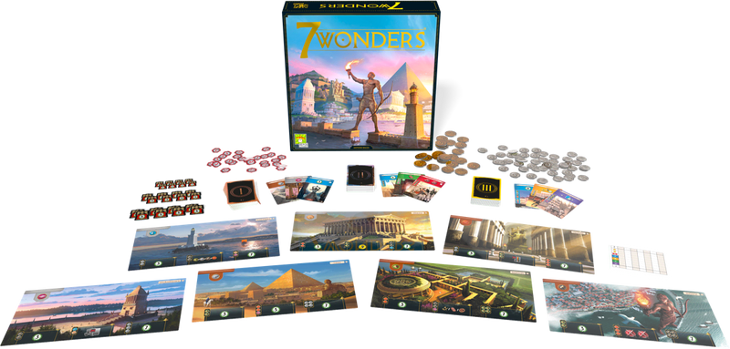 Kaarten en doos van 7 Wonders bordspel uitgestald